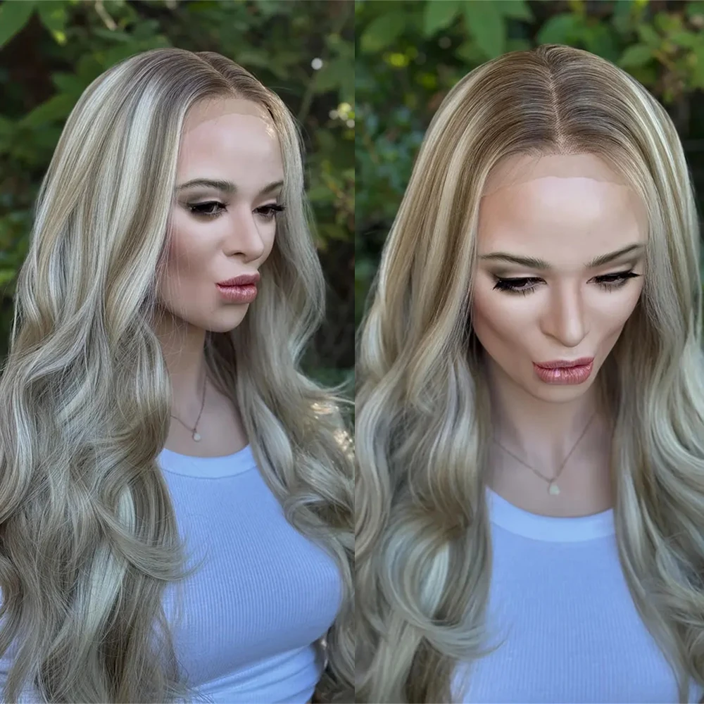 

Balayage Beige Blonde Wig Heat Friendly Synthetic Lace Front Wig Highlights Fibre Ash Roots Melted Wig Women's Gift Wig Cosplay