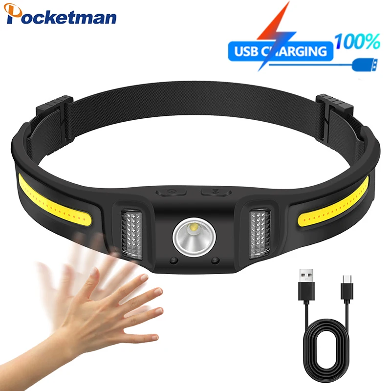 Smart Motion Sensor Lightweight Headlamp Powerful LED+COB Headlight USB Rechargeable Head Lamp Waterproof Head Flashlight