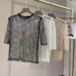 2023 New Mesh Diamonds Crystal Short Top Diamonds Super Fairy Inner Party Unlined Shiny Hollow Out Bottom Shirt
