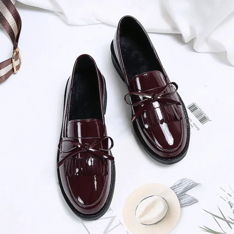 Black Loafers for Women Platform PU Leather Casual Shoes Woman Spring New Comfort Tassel Slip on Flats Single-shoe Plus Size 43