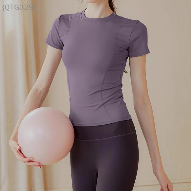 {QTG329} قطعة واحدة من بلوزة اليوغا النسائية الضيقة بأكمام قصيرة - مقاس نحيف، قماش سريع الجفاف للجري وصالة الألعاب الرياضية والتدريبات الخارجية #3