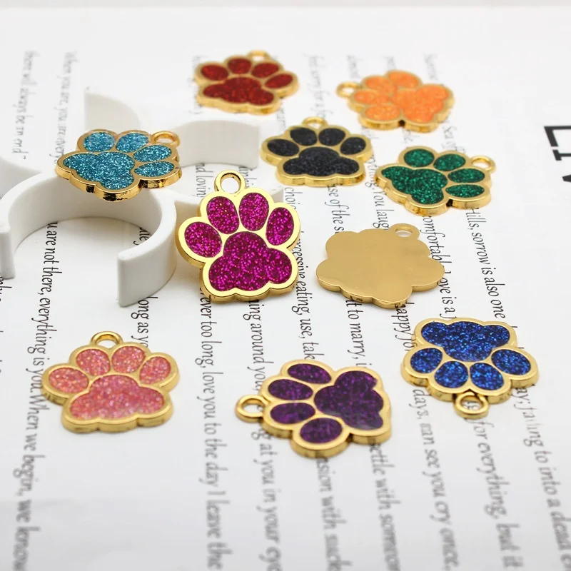 10pcs Wholesale Blank Alloy Paw Dog Cat Plate Tags For Engraved Puppy Pet ID Name Collar Tag Glitter Pendant Accessories