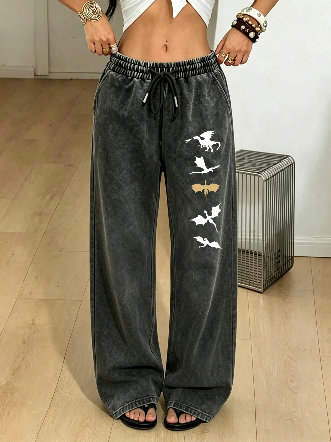 Women's vintage washed distressed trousers, stylish comfortable versatile trousers with dragon print