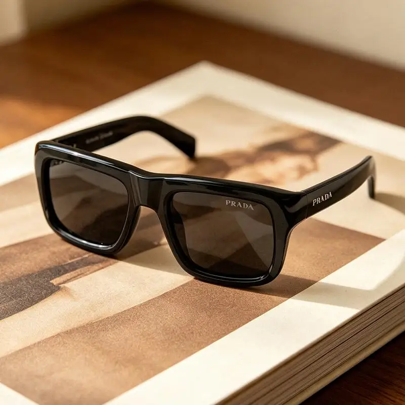 PRADA 0PR D11SF 16K08Z Black Acetate Square Sunglasses Dark Grey Lenses Triangle Logo Designer Eyewear for Women and Men