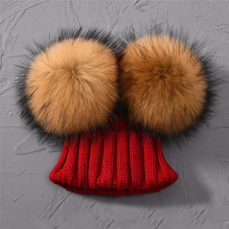 Jxwatcher Winter Double Real Fur Pom Pom Hat for Children Baby Knit Hats With Two Fur Pompoms Boys Girls High Quality Beanie Cap