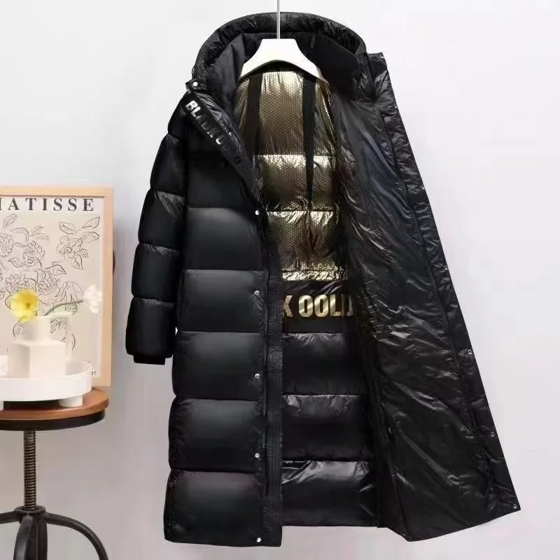 Black gold down jacket, men's and women's thick long style, new winter warm over the knee duck down couple jacket