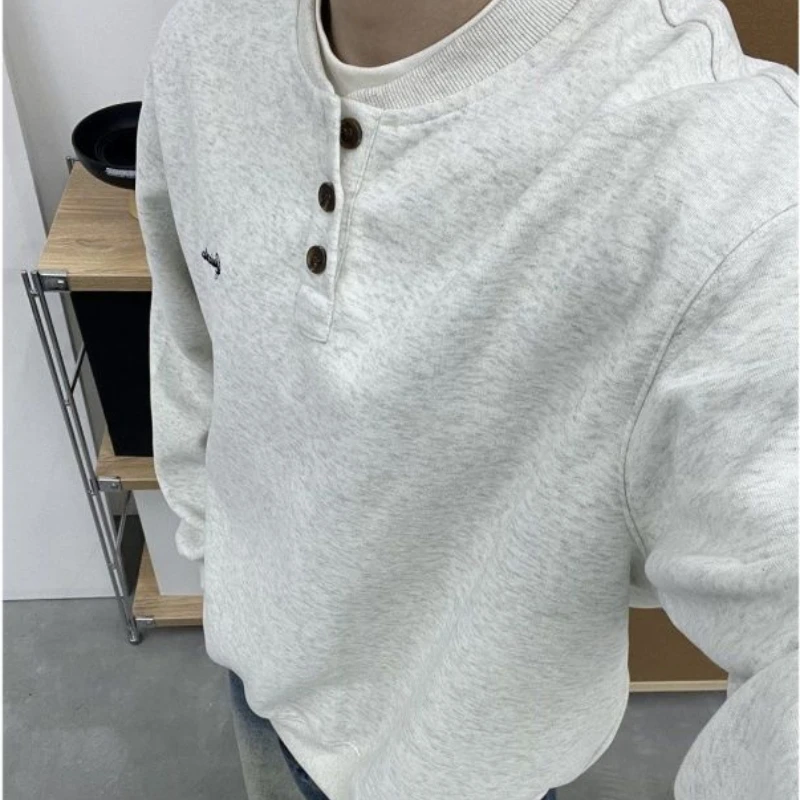 Trendy Korean Retro Ins Simple Boyish Henry Collar Sweatshirt Men and Women Street Niche Y2K Loose Casual Long-sleeved Top