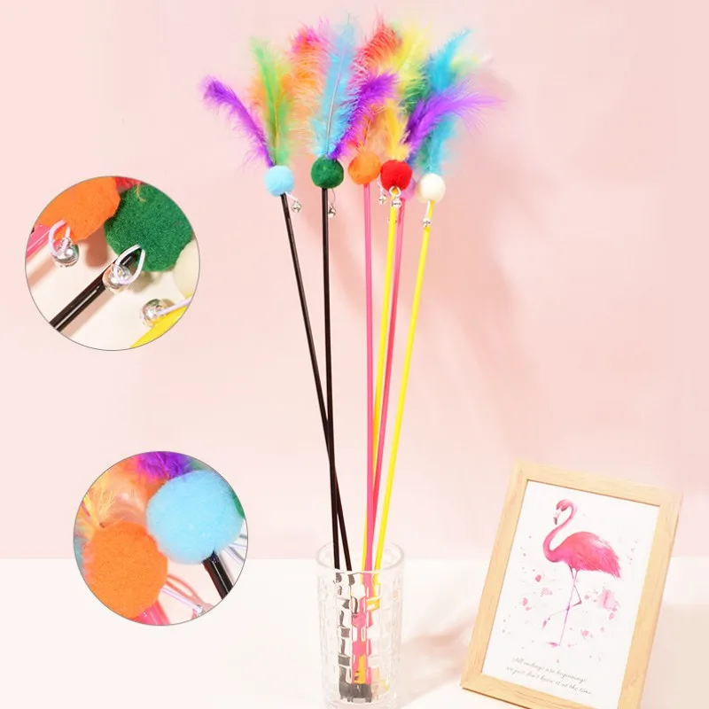 Cat Toys Feather Interactive Cat Toy Wool Balll Kitten Sticks Colorful Feather Cats Toy with Bell Long Handle Sticks Cats Toys