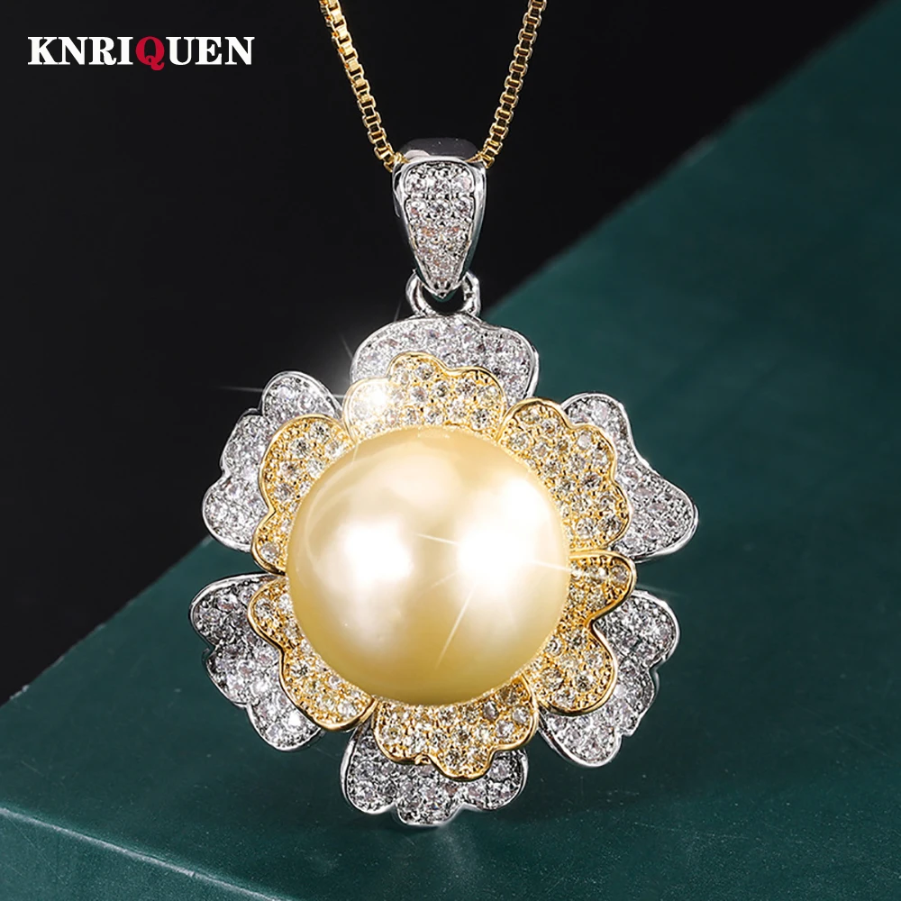 

KNRIQUEN Charm 14mm White Gold Big Pearl Pendant Necklace for Women Lab Diamonds Anniversary Gift Party Fine Jewelry Accessories