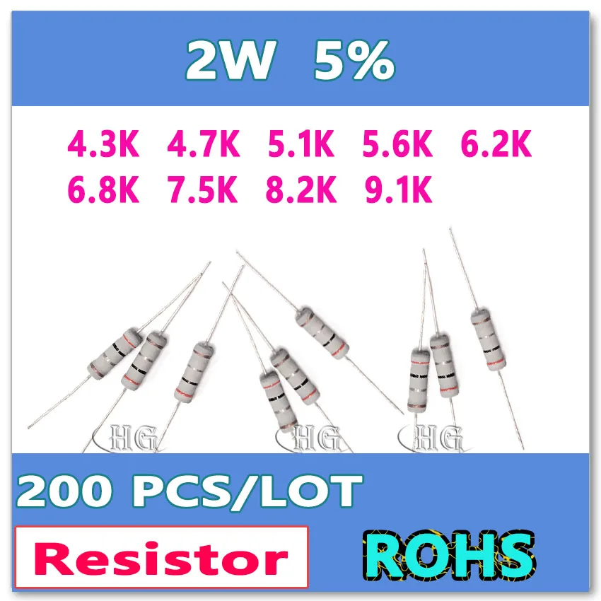 JASNPROSMA 200 PÇS/LOTE 5% 2W 4.3K 4.7K 5.1K 5.6K 6.2K 6.8K 7.5K 8.2K 9.1K Filme de carbono DIP OHM Resistor