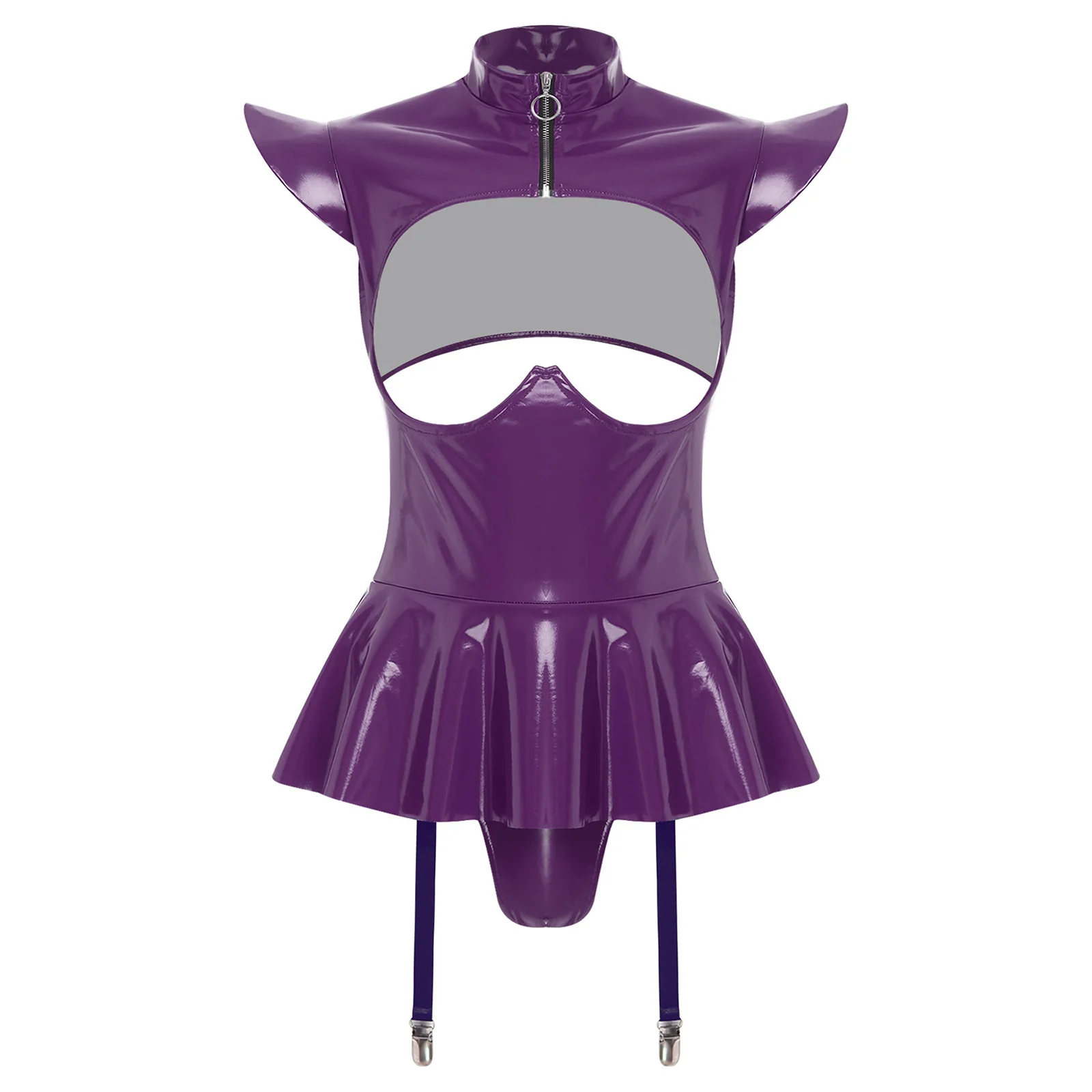 

Women Lingerie PU Leather Tempting Bodysuit Breast Hollow Out Underwire Teddies Ruffled Hem Garters Jumpsuit Erotic Nightwear