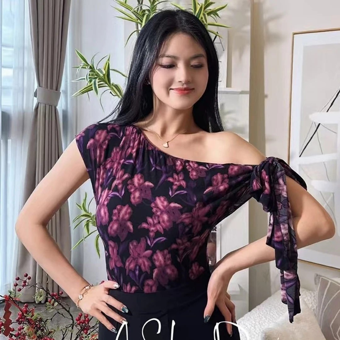 

Slant Shoulder Flower Print Latin Ballroom Dance Tops Women Practice Clothing Summer Waltz Dance Costume Strap Leotards BL15813