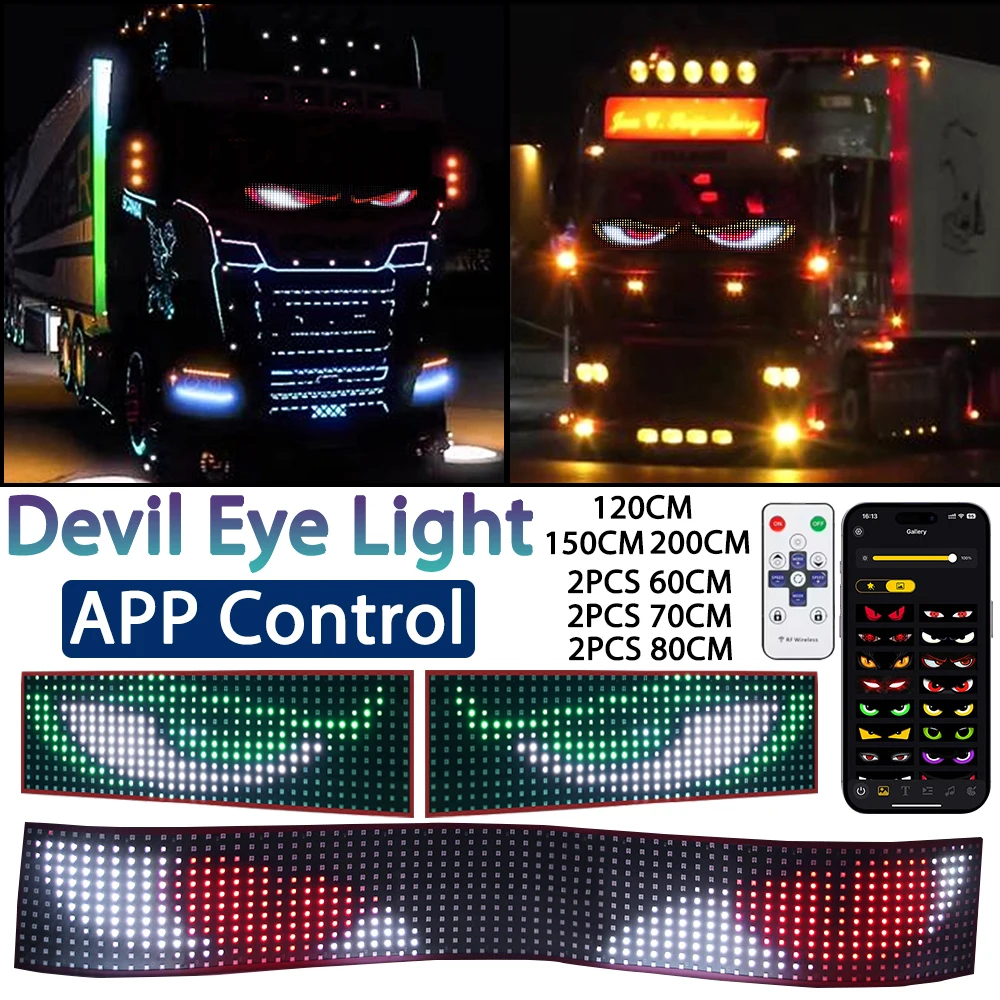 

Truck Car LED Devil Eyes Light Dynamic APP Remote Control Soft Screen 12V 24V Free Custom Text For Board Windshield Music Mode