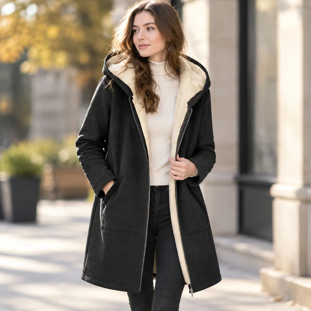 Hooded Single Coat Loose Fit Commuter Elegant with Zipper Closure Medium Weight Wrinkle Finish Mid Length Autumn for Women