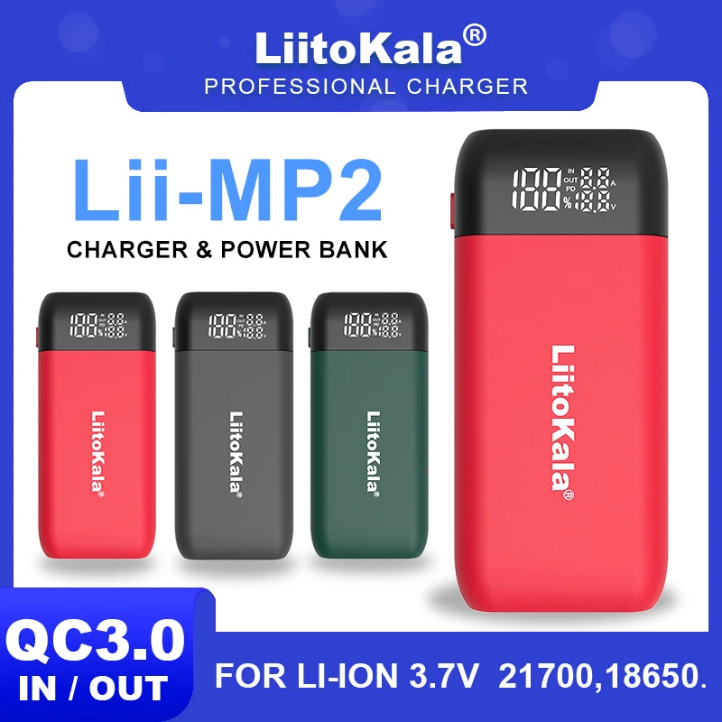 LiitoKala Lii-MP2 18650 21700 Battery Charger& Tablet Power Bank QC3.0 Input/Output Digital Display.