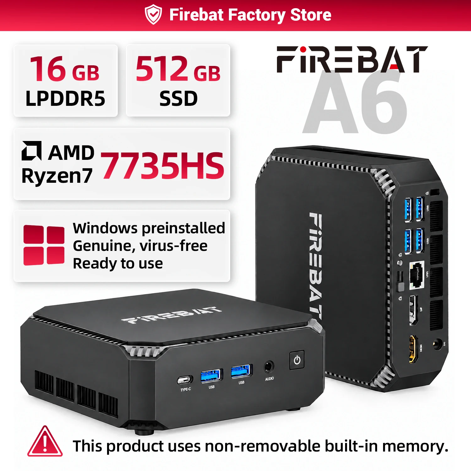 FIREBAT A6 MiniPC AMD R7 7735HS Dual Band WiFi6 BT5.2 16GB LPDDR5 RAM 512GB SSD Windows 11 Desktop Gaming Computer Mini PC