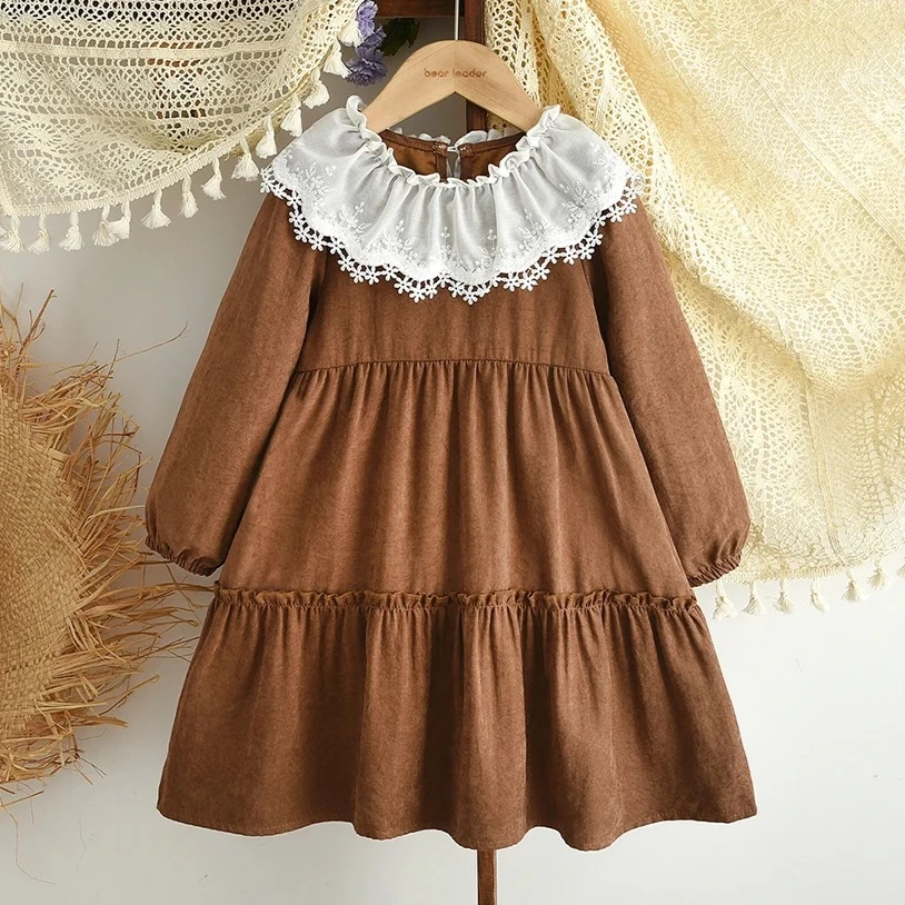 Bear Leader Korean Version Long Sleeved Kids Casual Plain Dress 3-7 Years  Spring and Autumn Solid Color Lace Lapel Girls Dresses