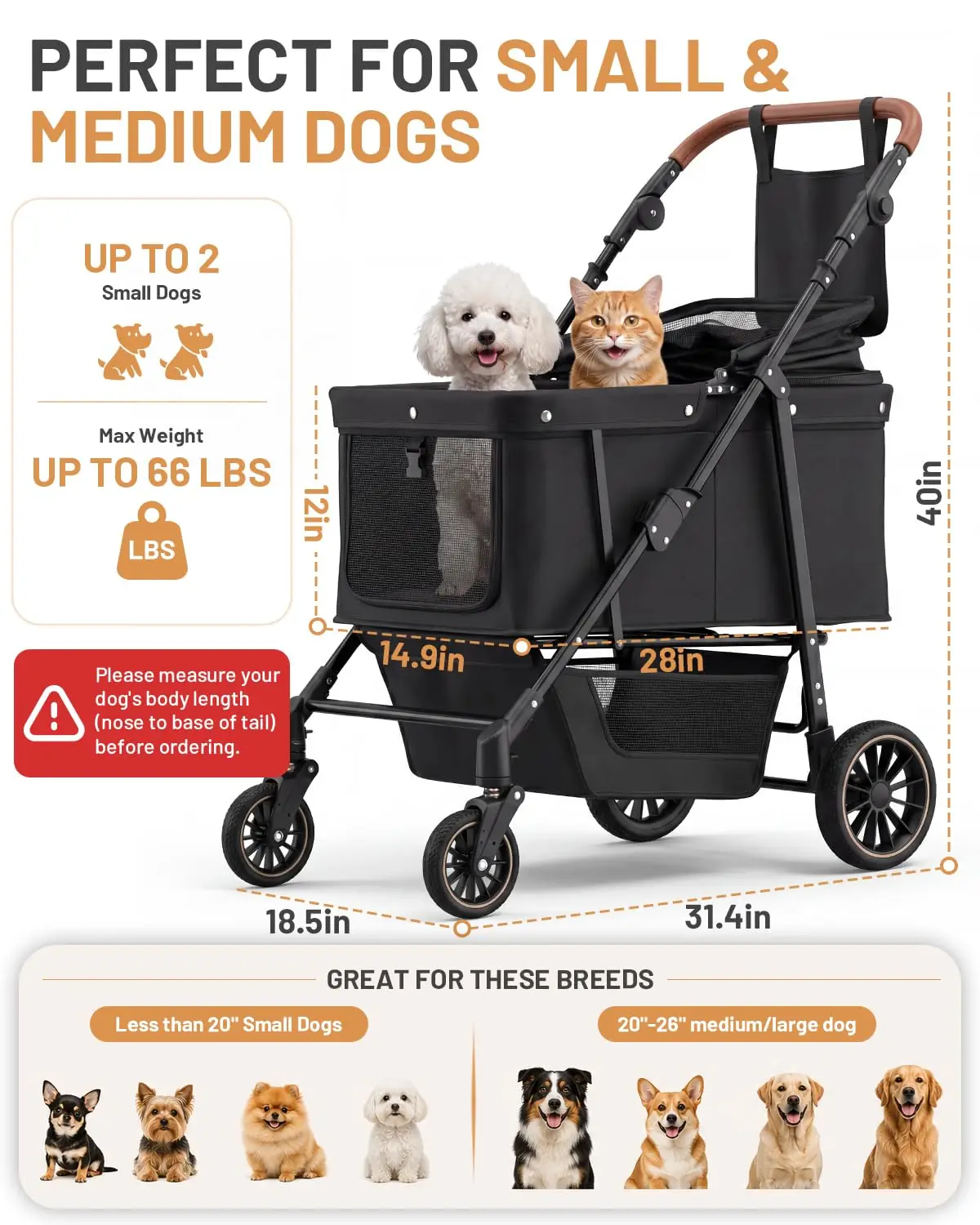 Large Pet Stroller, Two Dog Wagon Collection Featuring Foldable Design And Adjustable Handle With Canopy Storage Organizer For Medium Small Dogs Capacity Up To 66 Pounds, Black