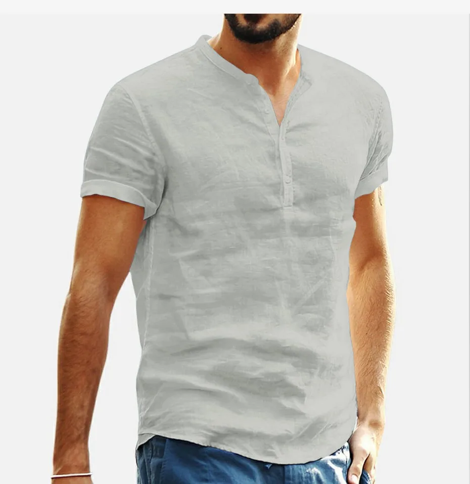 Men\'s Cotton Linen Shirt Summer Short Sleeved Mens Designer Clothes Plain Shirt Fashion Tops Standing Collar Solid Color T-shirt