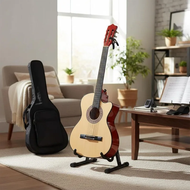 Image of Akustikgitarre im Westernstil mit seitlicher Cutaway-Konstruktion, 63 cm, aus massivem Lindenholz, Komplettes Zubehörset mit Hülle, Gurt, Mediator, Capodaster, Stimmgerät für Anfänger, Musiker,