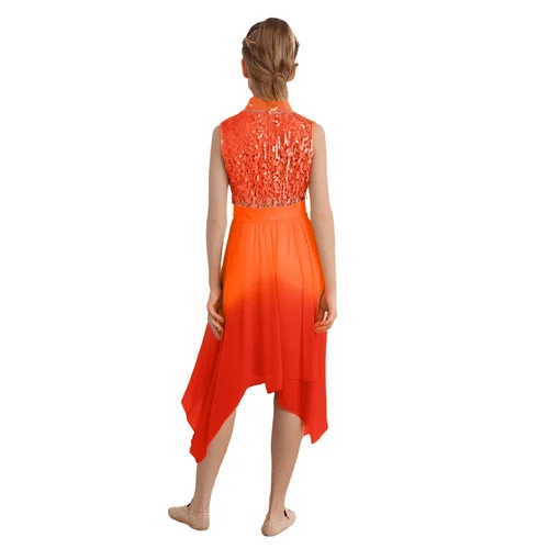 Imagen 2 del producto Vestidos tipo túnica de baile de alabanza de adoración litúrgica para niñas, Ropa de baile lírico contemporánea, corpiño de lentejuelas sin mangas, vestido asimétrico