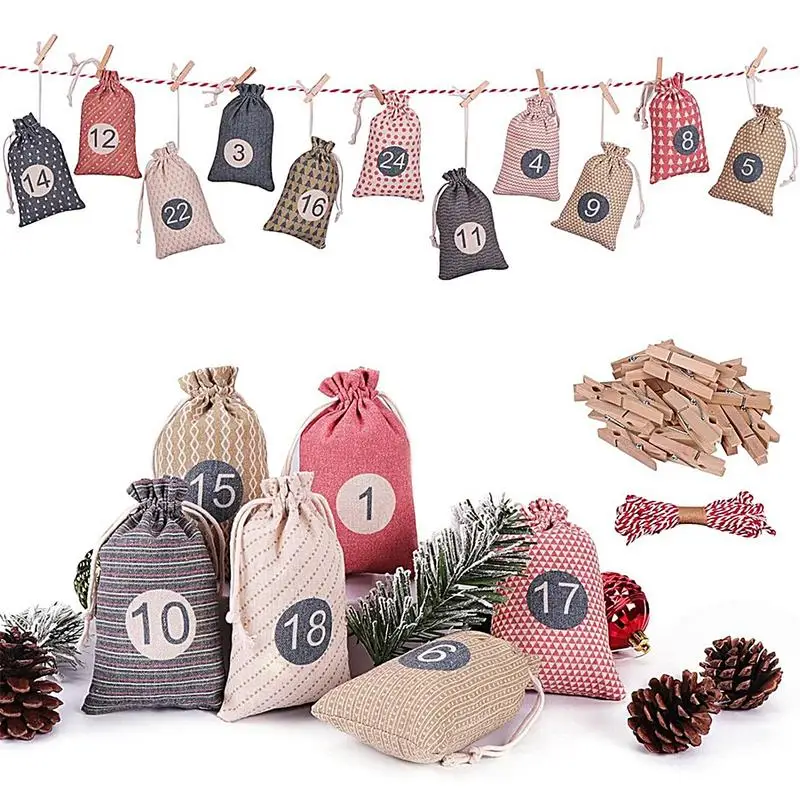 

Christmas Advent Calendar Gift Bags 24 Days Countdown Calendar Drawstring Candy Bag Hanging Gift Bags for Party Home Decorations