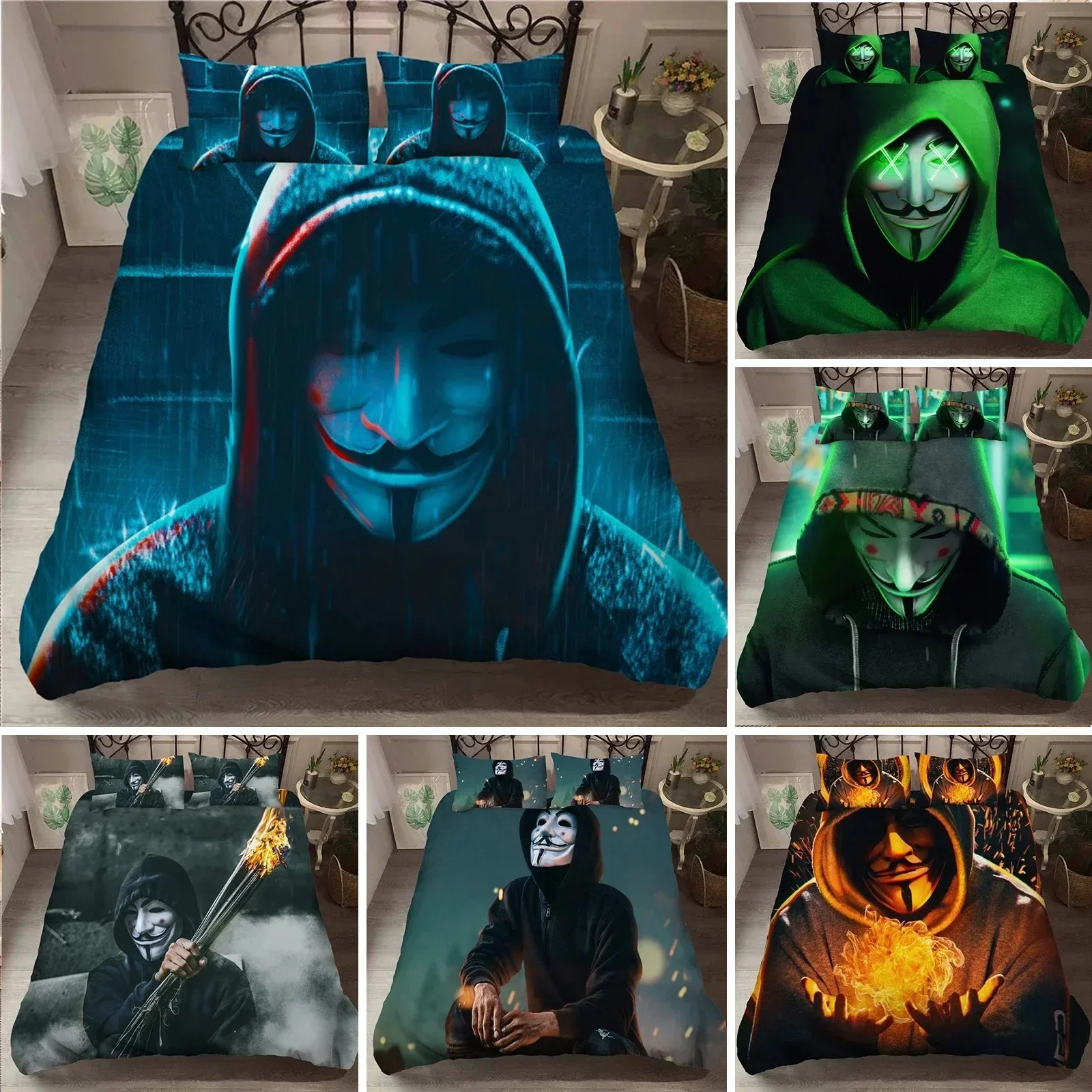 3D Anonymus with Mask Duvet Cover with Pillow Cover Bedding Set Single Double Twin Full Queen King Siz Bed Set for Bedroom Decor