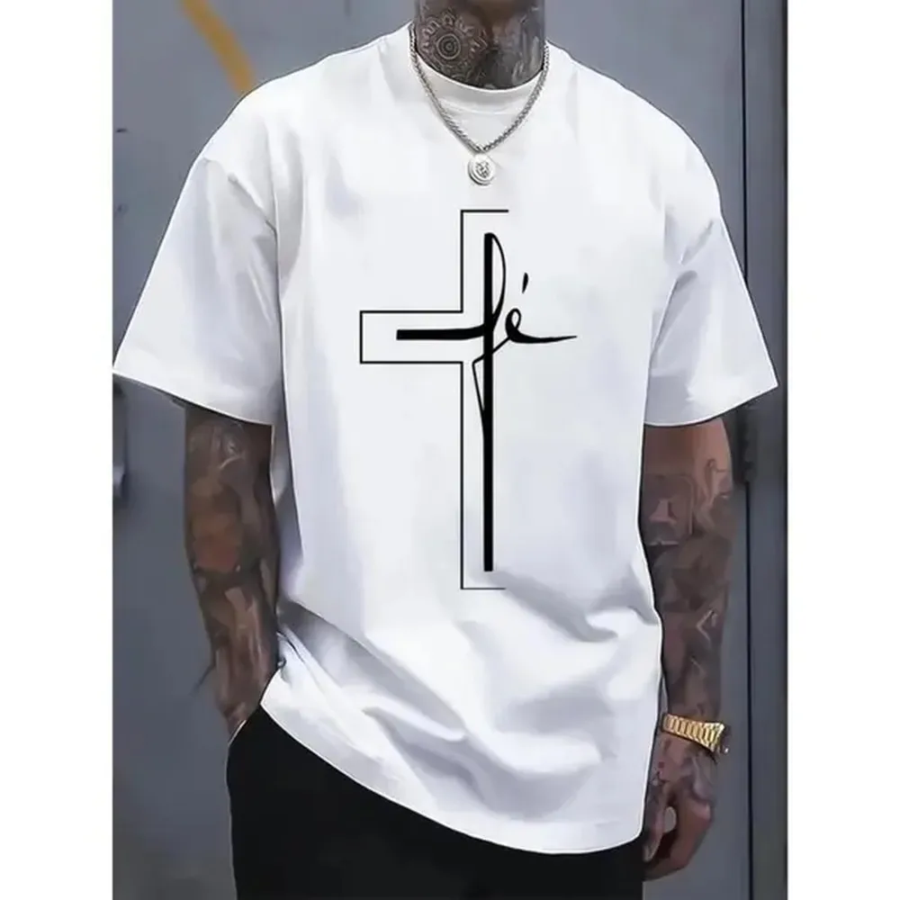 Camiseta de golf 100% algodón para hombre y mujer, camiseta de manga corta de algodón, camiseta deportiva informal de verano para hombre con estampado de cruz religiosa, poliéster 100%, cuello redondo, manga corta, estampado geométrico, tejido de punto acanalado, ligeramente elástico, corte holgado, tejido de punto de 160 g/m²
