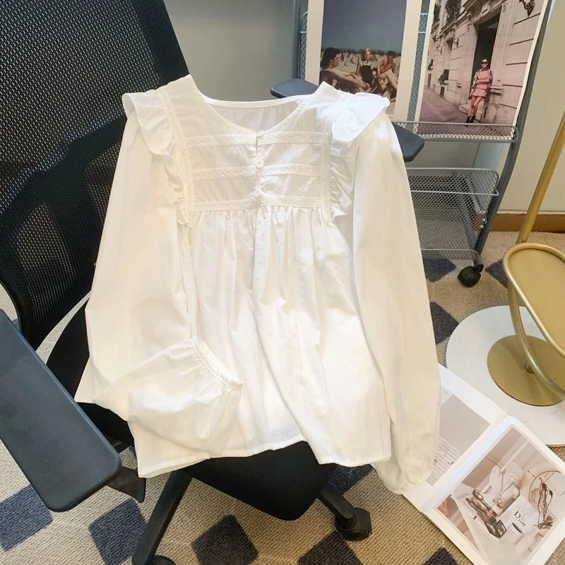 

Elegant Sweet Ruffles Patchwork White Shirt Women 2025 Early Autumn New Blusas De Mujer Y2k Loose Long Sleeve Blouses