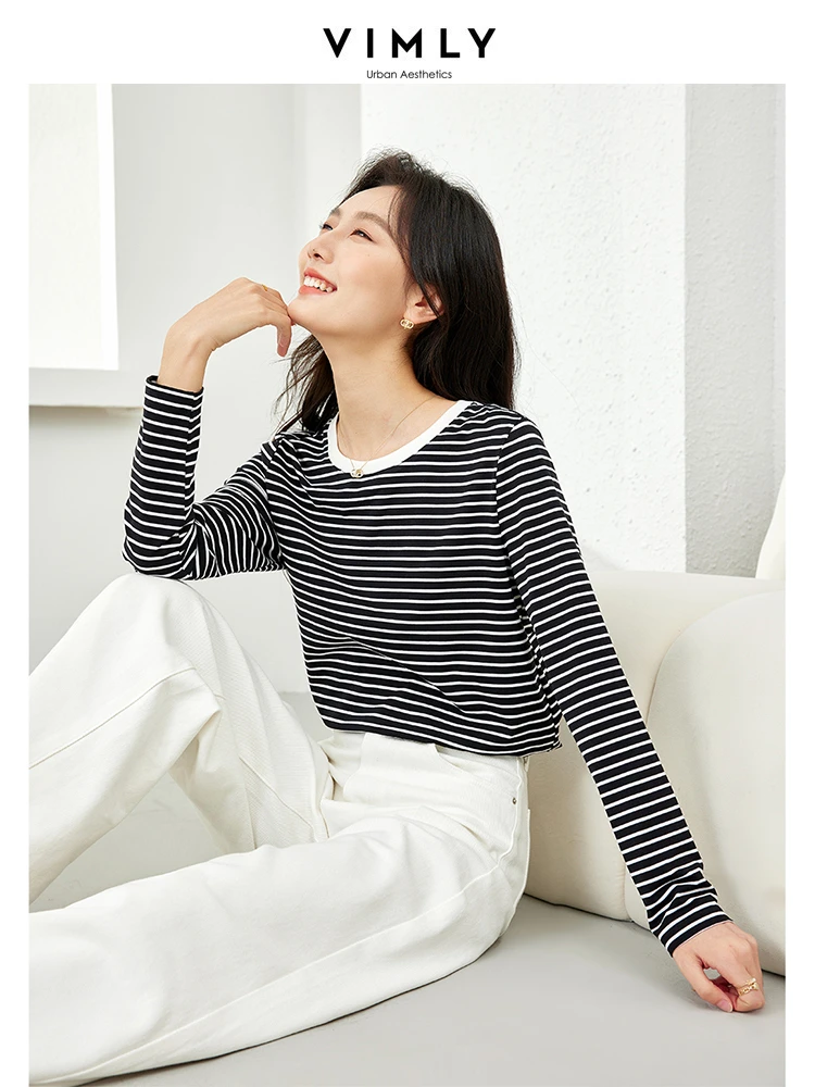 Vimly Black White Striped Basic Tees Women O-neck T-shirt Long Sleeve Top 2024 Spring Casual Pullovers Womans Clothes M5991