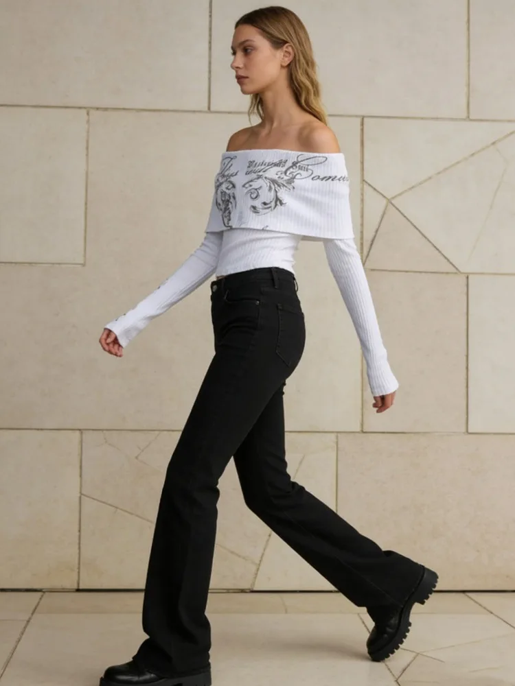 Camiseta feminina de manga comprida, manga comprida, elegante, sem ombro, gola única, elegante, emagrecimento, essencial para primavera e S