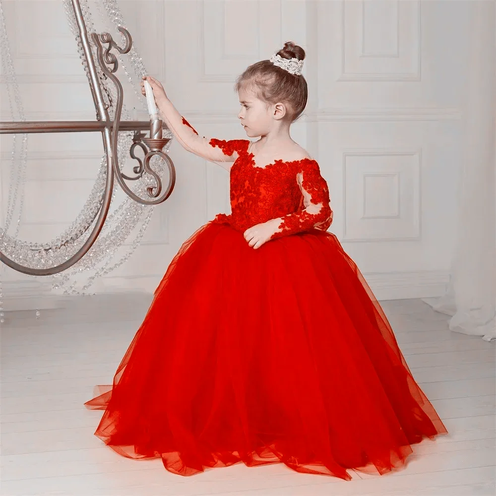 Red Flower Girls Dresses Bow Appliques Backless Lace Fluffy girocollo con maniche lunghe regalo di compleanno per bambini abito da prima comunione