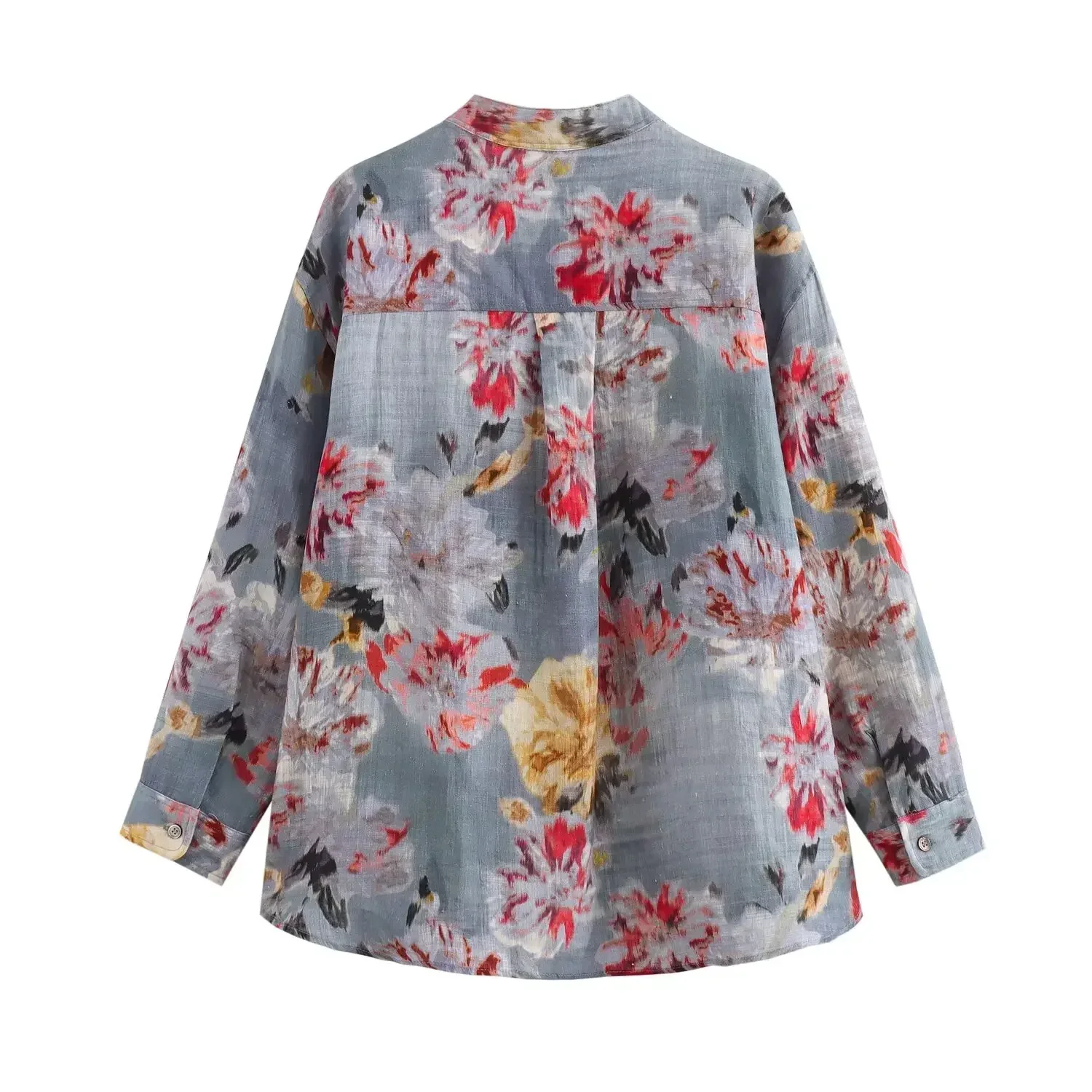 Camisa holgada asimétrica con estampado floral para mujer, camisa retro de manga larga con cuello en V y botones, top elegante, nueva moda