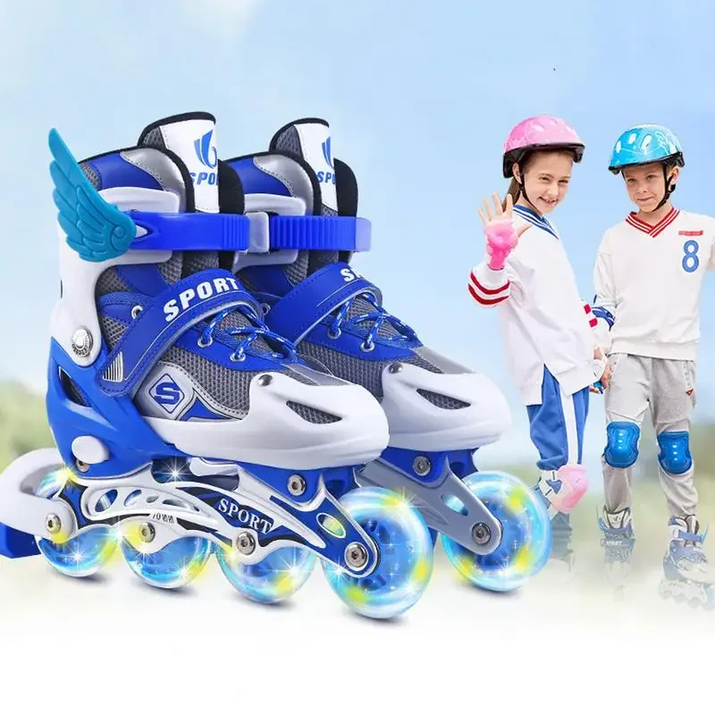 Children Roller Skates Skating Shoes Kids Single Row Roller Skates Boy's Girl's Size Adjustable 4 Wheels Flash Skates Shoes