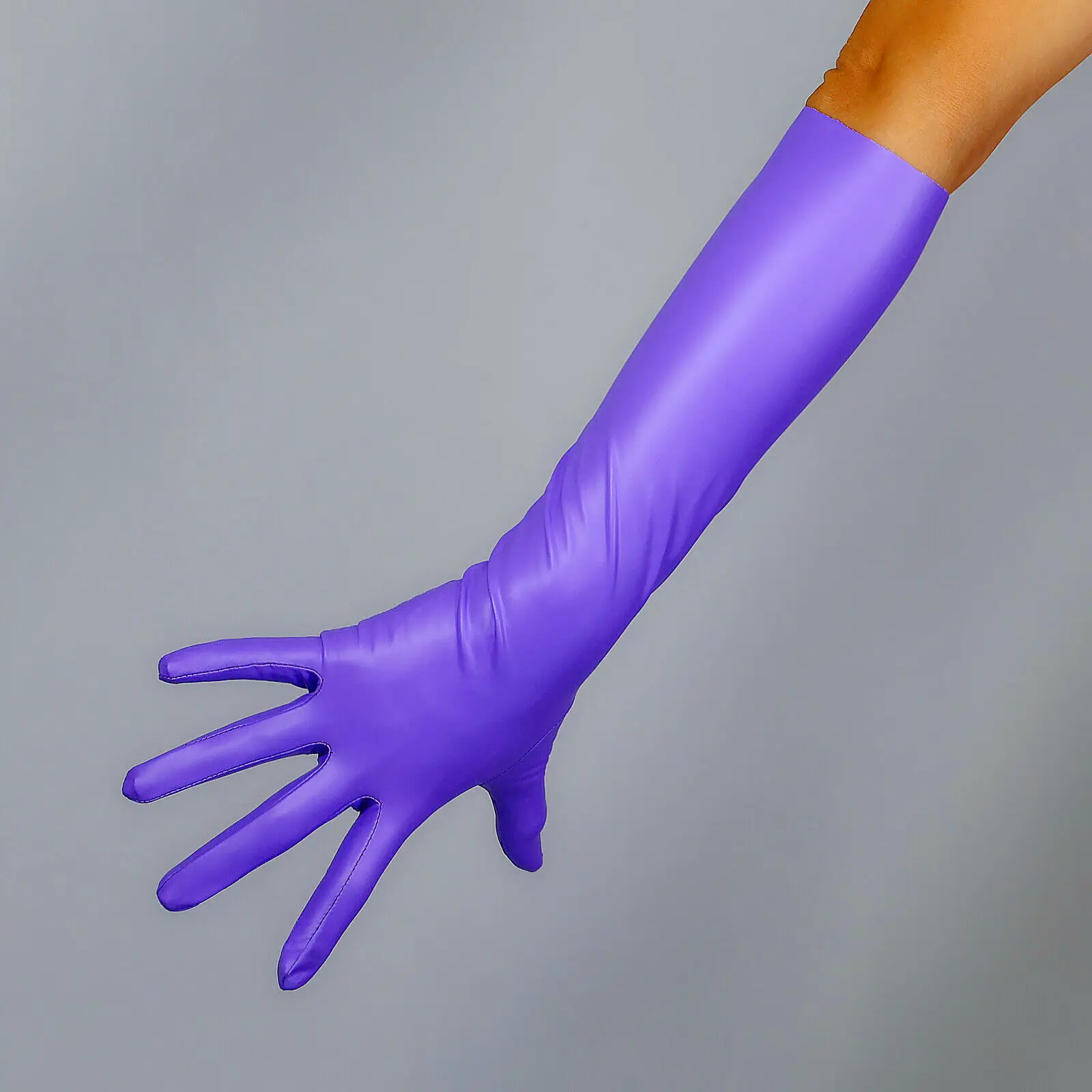 Elbow LONG Purple GLOVES 2nd Skin Extra Thin Faux Leather LATEX Like Rubber 40cm FITTED Evening Opera Party Fashion Cosplay