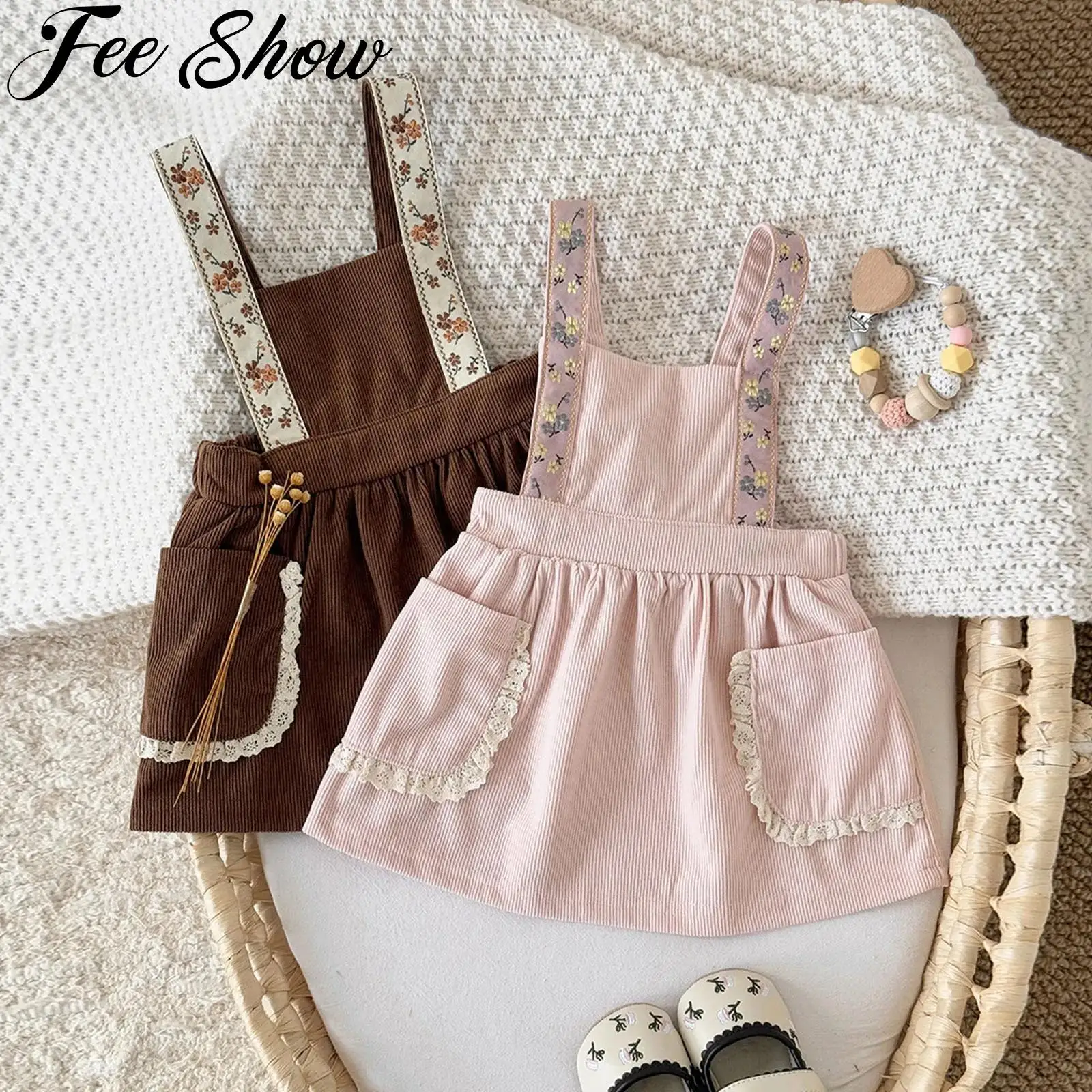 

Симпатичная вельветовая юбка на подтяжках в корейском стиле для маленьких девочек, осеннее новое платье с эластичной резинкой на талии и цветочным принтом, кружевное платье на бретельках с карманами