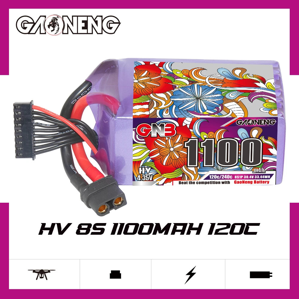 GAONENG 장거리 FPV 레이싱 드론 헬리콥터용 GNB HV LiPo 배터리, XT60 플러그 포함, 1100mAh 4S, 6S, 8S, 15.2V, 22.8V, 30.4V, 120C