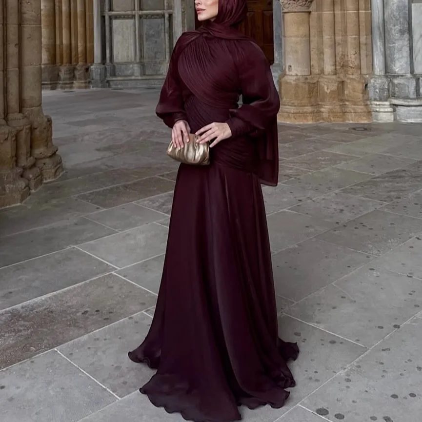 For Muslim Wedding Guest Engagement Henna Party | High Neck Puff Long Sleeve Wrap Ruched Satin Abaya Matching Hijab Dark Plum Mo