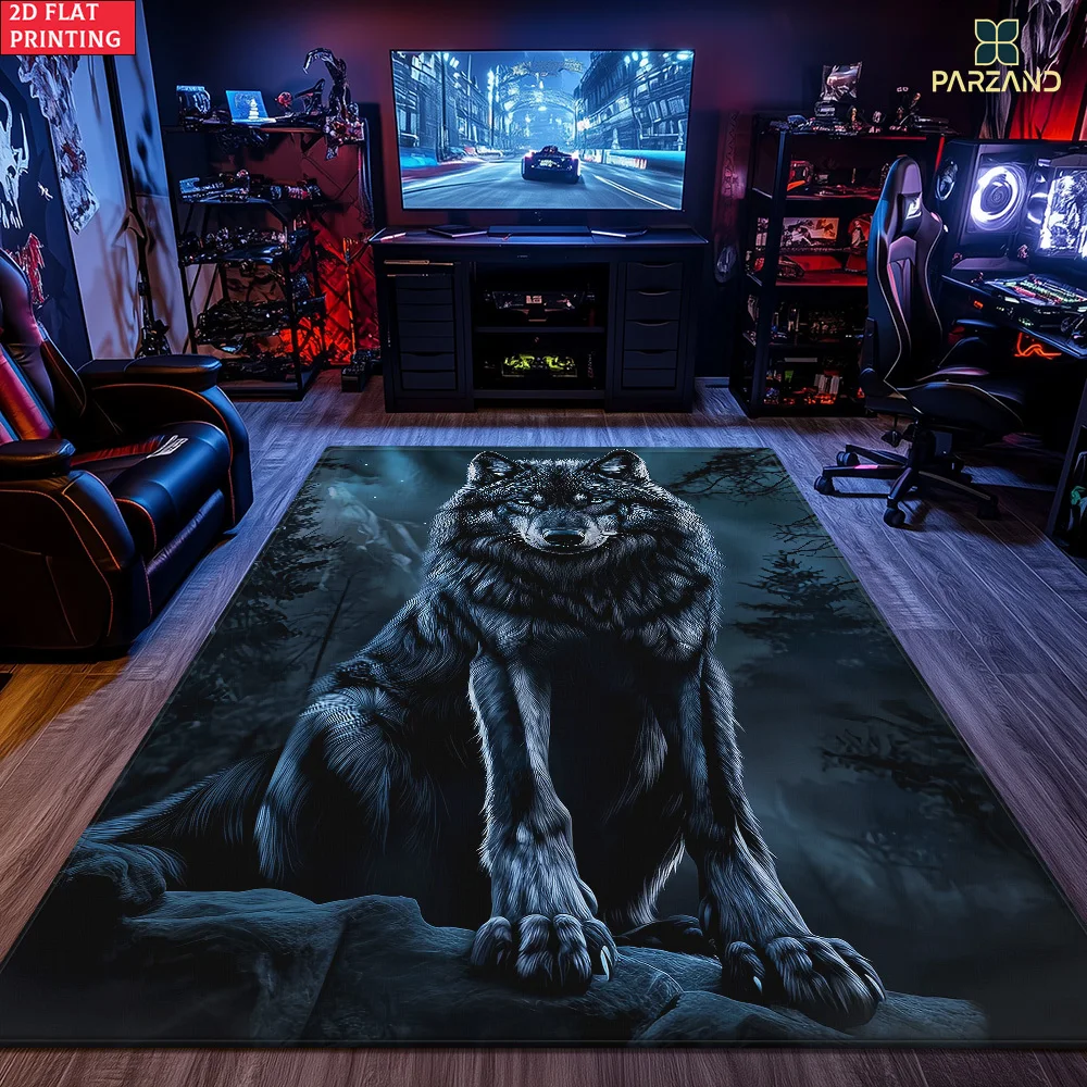 1pc 2D Flat Black Wolf Portrait Area Rug, Versatile Home Decor, Ideal Gift, Perfect for Office Chair Yoga Bathroom Dining Room