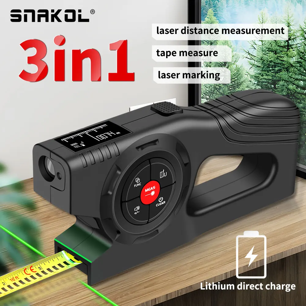 snakol 3in1 Laser Tape Measure 3 In 1 Digital Tape Measure High Precision Laser Rangefinder Steel Tape Measure