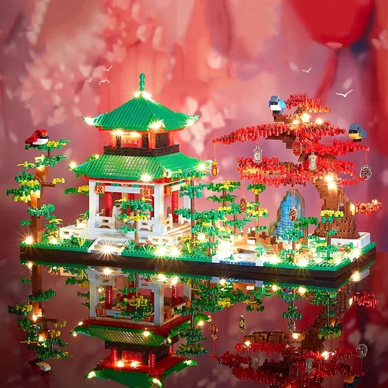 Balody Ancient Chinese Architecture Building Blocks Love Evening Pavilion Tree Garden Bridge River Model Bricks Toys Kids Gifts