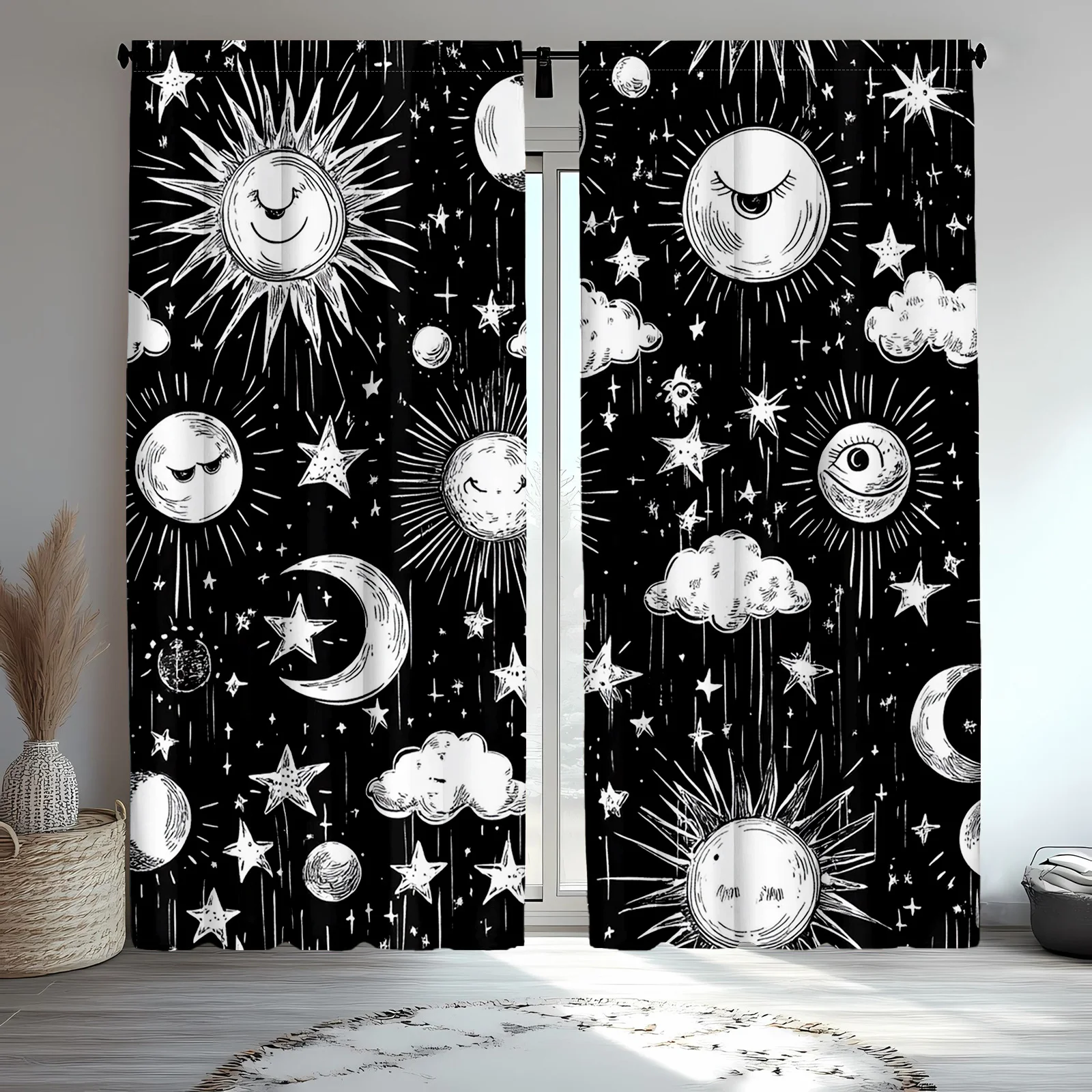 

2 шт. классические полиэстеровые шторы «Мистическая ведьма», принт мандалы в стиле бохо, Солнце, Луна, Звезда, черно-белые декоративные шторы для спальни, для H
