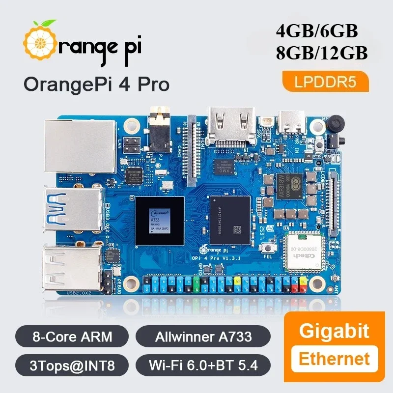 Orange Pi 4Pro 2GB/6GB/8GB/12GB LPDDR5 Dev Board Allwinner A733 Chip 3Tops NPU Wi-Fi6.0 + BT5.4 M.2 M-Key Slot Board Computer
