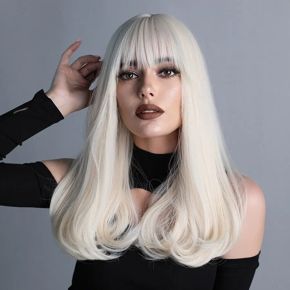 Synthetic Layered Long Wavy Platinum blonde Soft Machine Wig With Bangs