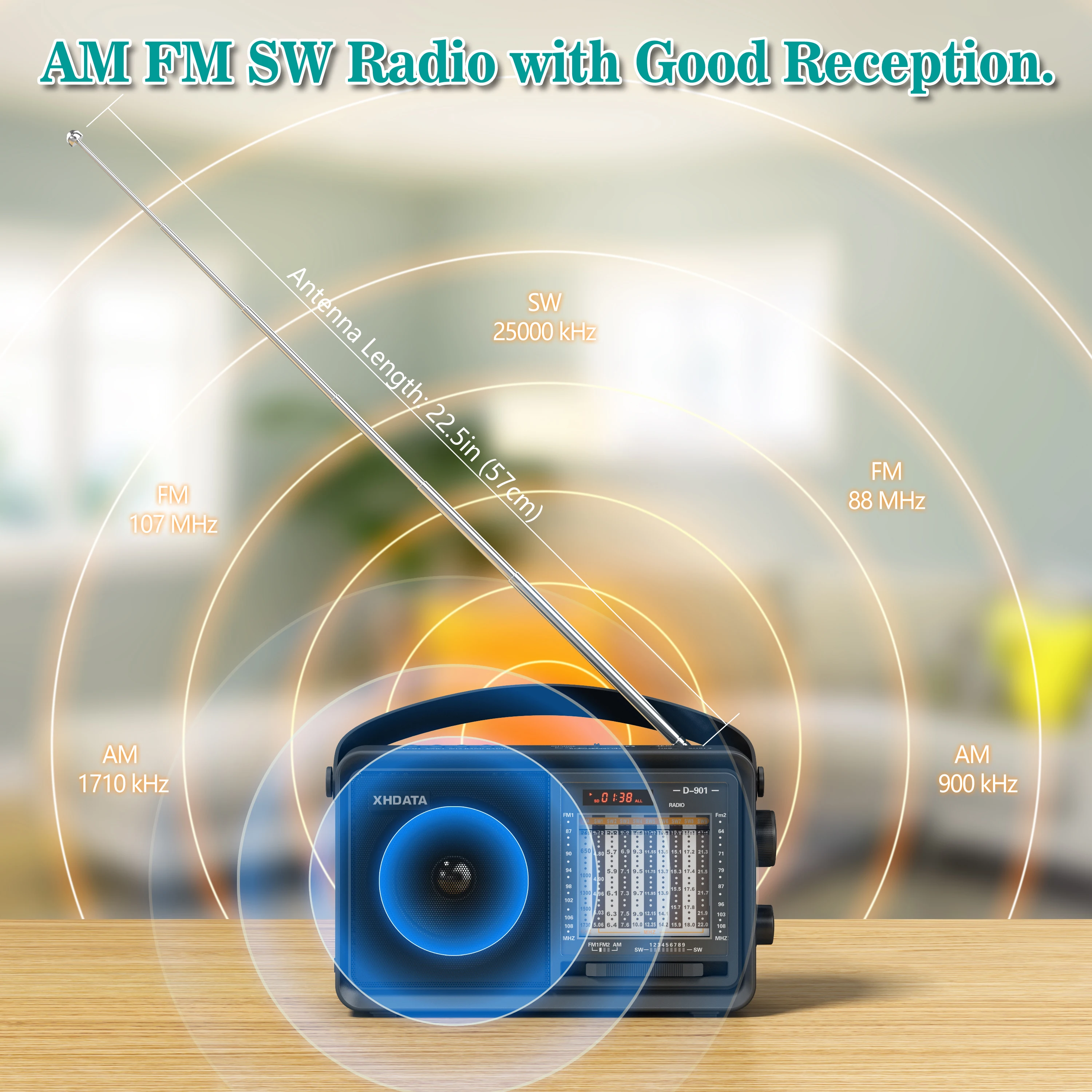 XHDATA D-901 AM FM SW Portable Radio Bluetooth-compatible Radio Receiver With Speaker Support TF Card MP3 Music Player