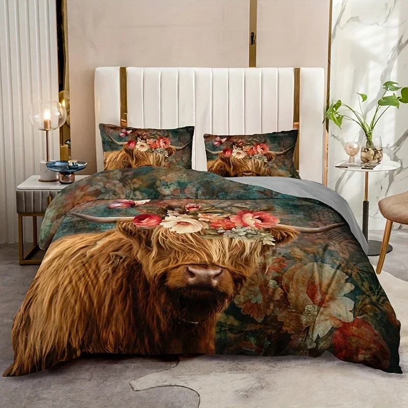 3pcs Vintage Duvet Cover Set, Rustic Pastoral Style Highland Cow Pattern Bedding Set, Soft Comfortable Breathable Duvet Cover