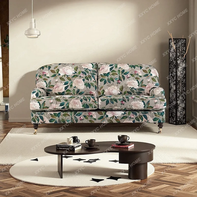 Retro medieval small apartment living room bedroom pastoral cotton and linen fabric double triple sofa