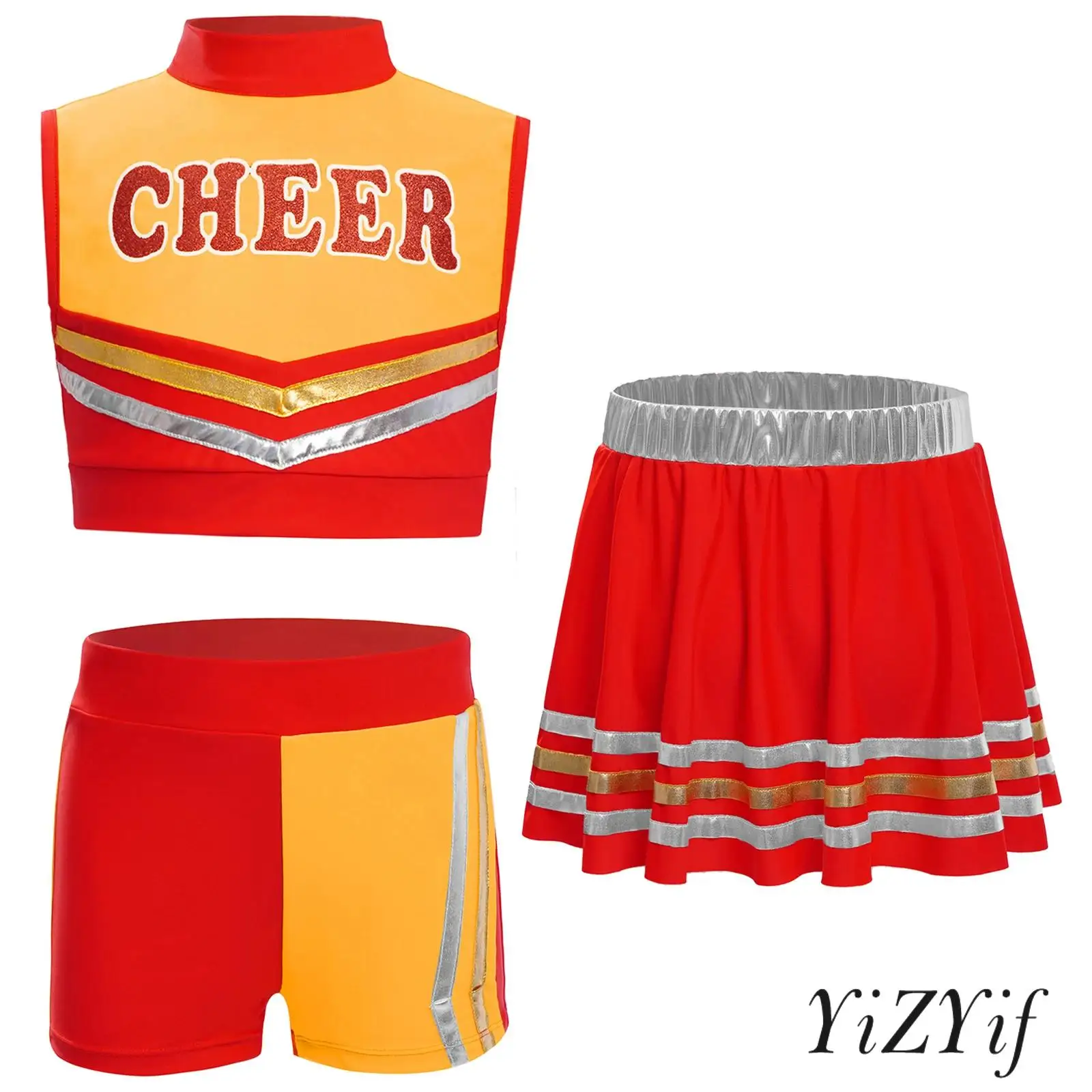 

Girls Sleeveless Letters Printed Crop Top with Metallic Striped Skirt And Shorts for Cheerleading Dance Performance Competition
