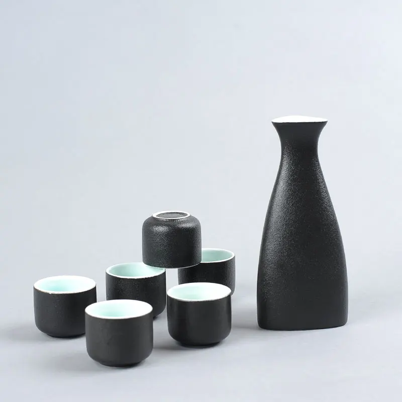 Black Color Sake Set 7-Piece Traditional Handmade Ceramic Japanese Sake Set with 1 Sake Serving Bottle and 6 Sake Cups