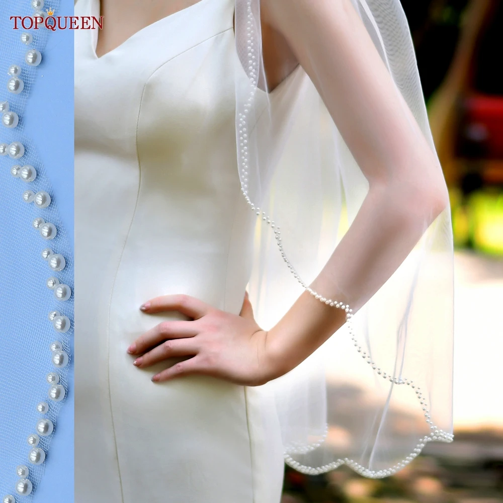 TOPQUEEN V35 Bridal Veil With Pearls Edge Women's Short Veil With Comb Single Tier Pearl Edge Bridal Veil For The Church Veu